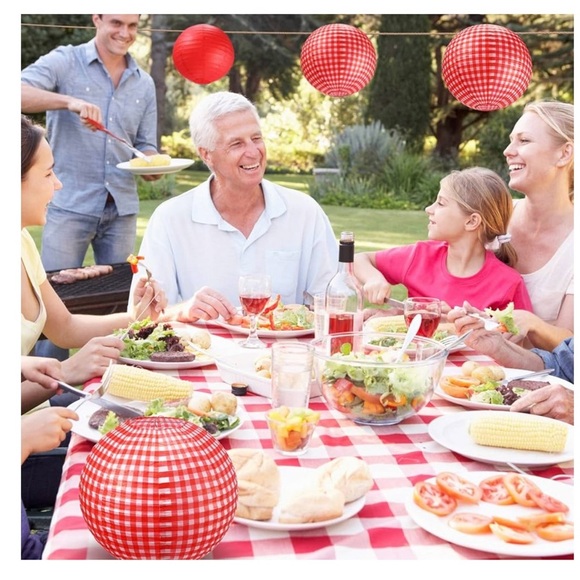 Red check paper lanterns Picnic Party Decorations Round Hanging 12 in 6 pc. NWT - Picture 7 of 8